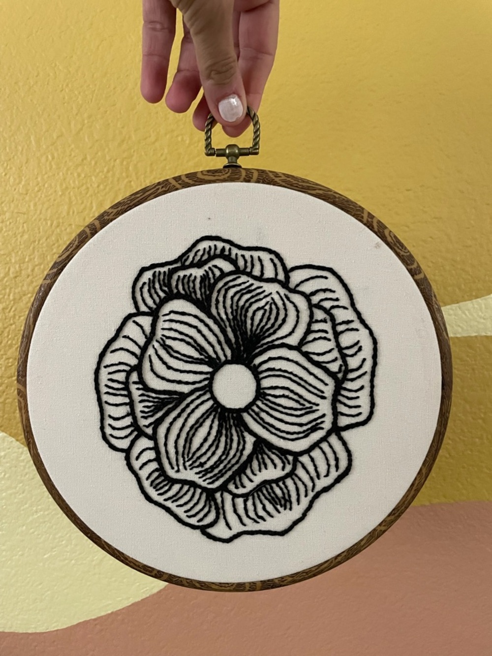 Hand-Embroidered Black Floral Hoop Art on White Fabric